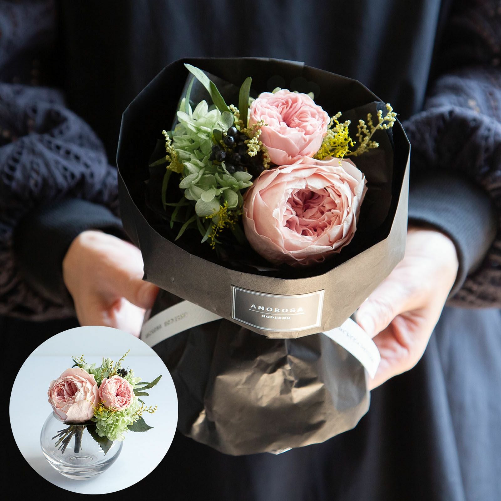 イヴ(S)/フェミニンピンク花びんつき花束 （プリザーブドフラワー